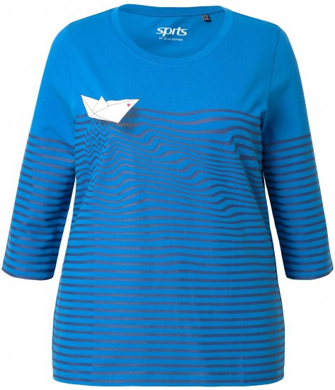 Ulla Popken Paper Boat Print 3/4 Sleeve Tee Pacific Blue - Koszulki z nadrukiem dla kobiet - 