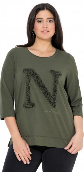 Ulla Popken Textured Lettering 3/4 Sleeve Tee Olive - Koszulki z nadrukiem dla kobiet - 