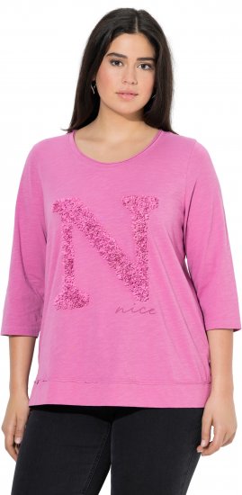 Ulla Popken Textured Lettering 3/4 Sleeve Tee Pink - Koszulki z nadrukiem dla kobiet - 