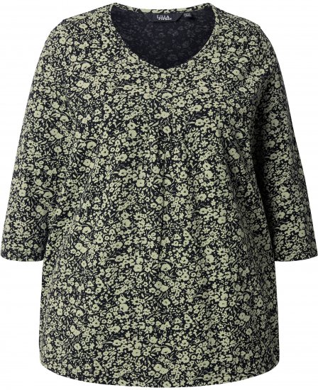 Ulla Popken Pleated Floral Print 3/4 Sleeve Tee Pond Green - Koszulki z nadrukiem dla kobiet - 