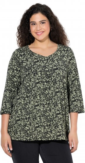 Ulla Popken Pleated Floral Print 3/4 Sleeve Tee Pond Green - Koszulki z nadrukiem dla kobiet - 