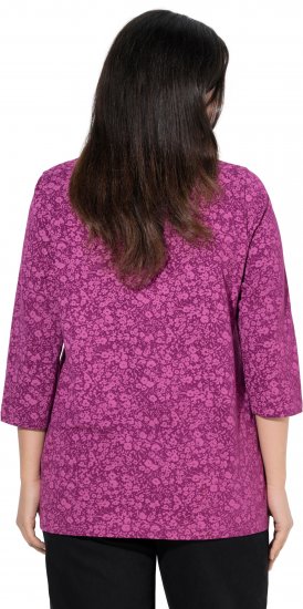 Ulla Popken Pleated Floral Print 3/4 Sleeve Tee Raspberry - Koszulki z nadrukiem dla kobiet - 
