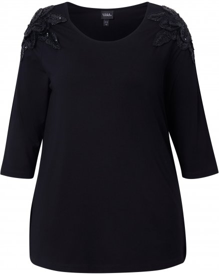 Ulla Popken Flower Epaulet 3/4 Sleeve Top Black - Koszulki z nadrukiem dla kobiet - 