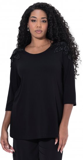 Ulla Popken Flower Epaulet 3/4 Sleeve Top Black - Koszulki z nadrukiem dla kobiet - 