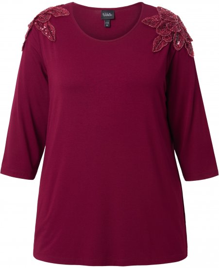 Ulla Popken Flower Epaulet 3/4 Sleeve Top Dark Cherry Red - Koszulki z nadrukiem dla kobiet - 