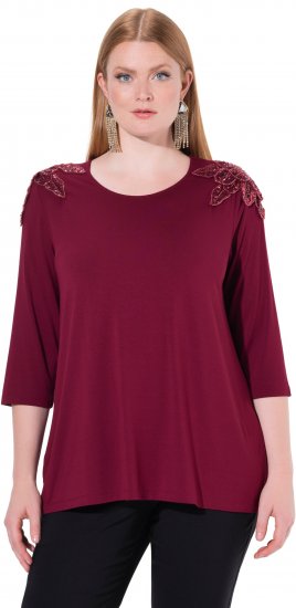 Ulla Popken Flower Epaulet 3/4 Sleeve Top Dark Cherry Red - Koszulki z nadrukiem dla kobiet - 