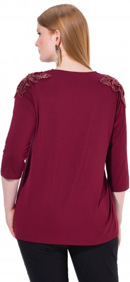 Ulla Popken Flower Epaulet 3/4 Sleeve Top Dark Cherry Red - Koszulki z nadrukiem dla kobiet - 