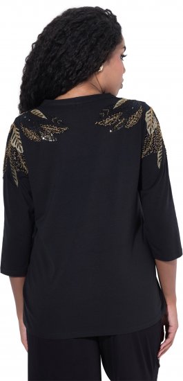 Ulla Popken Feather Beadwork 3/4 Sleeve Top Black - Koszulki z nadrukiem dla kobiet - 