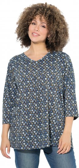 Ulla Popken Graphic Print Pleated 3/4 Sleeve Tee Atlantic Blue - T-shirty - 
