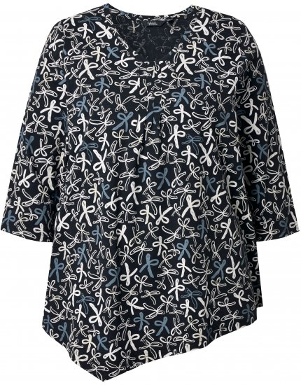 Ulla Popken Ribbon Print 3/4 Sleeve Asymmetric Tee Black - Koszulki z nadrukiem dla kobiet - 