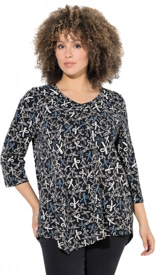 Ulla Popken Ribbon Print 3/4 Sleeve Asymmetric Tee Black - Koszulki z nadrukiem dla kobiet - 