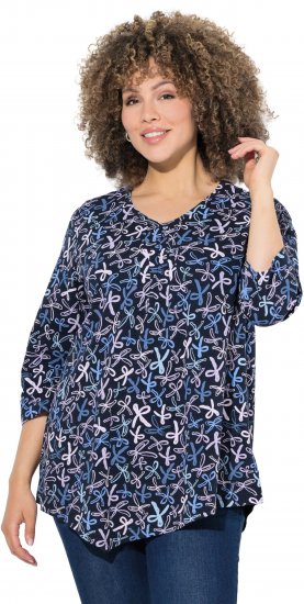 Ulla Popken Ribbon Print 3/4 Sleeve Asymmetric Tee Navy - Koszulki z nadrukiem dla kobiet - 