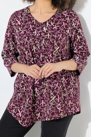 Ulla Popken Ribbon Print 3/4 Sleeve Asymmetric Tee Plum - Koszulki z nadrukiem dla kobiet - T-shirty z nadrukiem dla kobiet