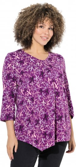 Ulla Popken Ribbon Print 3/4 Sleeve Asymmetric Tee Light Plum - Koszulki z nadrukiem dla kobiet - 