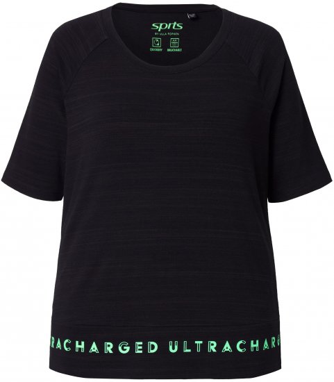 Ulla Popken Classic Fit Half-Sleeve Crew Neck T-shirt With Hem Inscription Black - Koszulki z nadrukiem dla kobiet - 