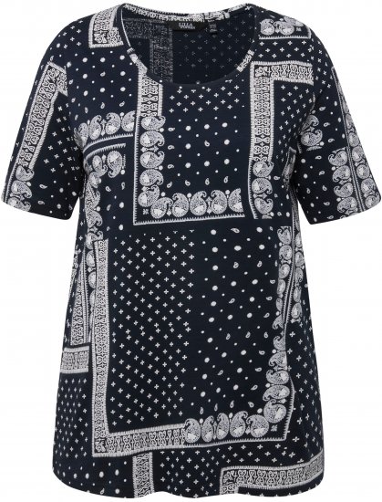 Ulla Popken Paisley A-Line Short Sleeve Tee Navy Blue - Koszulki z nadrukiem dla kobiet - 