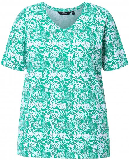 Ulla Popken Coral Reef Printed Short Sleeve V-Neck Tee Emerald - Koszulki z nadrukiem dla kobiet - 