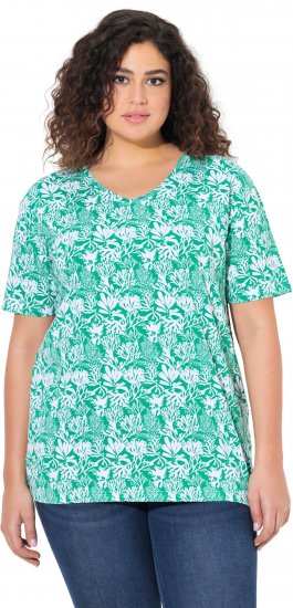Ulla Popken Coral Reef Printed Short Sleeve V-Neck Tee Emerald - Koszulki z nadrukiem dla kobiet - 