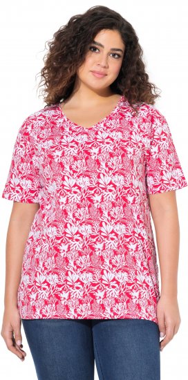 Ulla Popken Coral Reef Printed Short Sleeve V-Neck Tee Lychee - Koszulki z nadrukiem dla kobiet - 