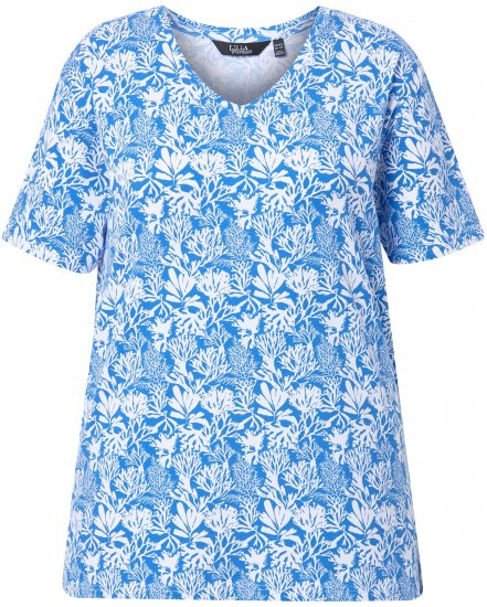 Ulla Popken Coral Reef Printed Short Sleeve V-Neck Tee Teal Blue - Koszulki z nadrukiem dla kobiet - 
