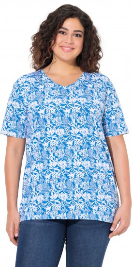 Ulla Popken Coral Reef Printed Short Sleeve V-Neck Tee Teal Blue - Koszulki z nadrukiem dla kobiet - 
