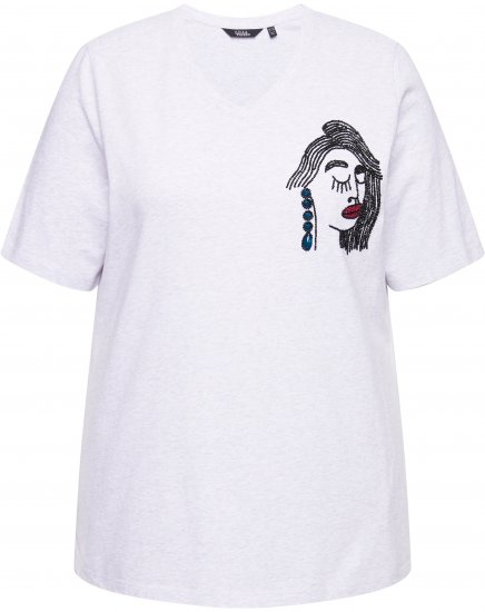 Ulla Popken Embroidered Face Motif Short Sleeve V-Neck Tee Light Grey Melange - Koszulki z nadrukiem dla kobiet - 