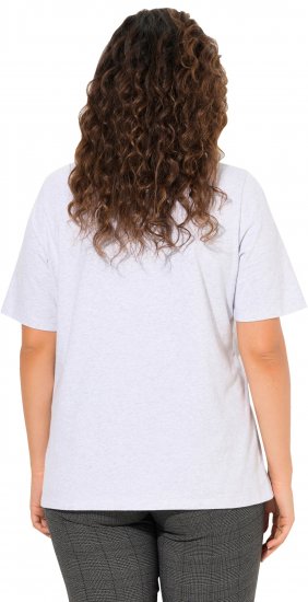 Ulla Popken Embroidered Face Motif Short Sleeve V-Neck Tee Light Grey Melange - Koszulki z nadrukiem dla kobiet - 