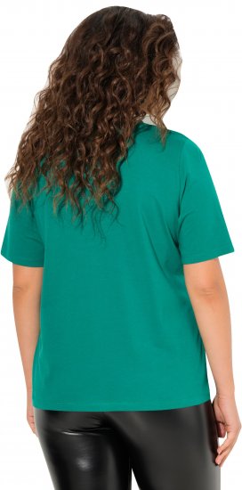 Ulla Popken Embroidered Face Motif Short Sleeve V-Neck Tee Emerald Green - Koszulki z nadrukiem dla kobiet - 