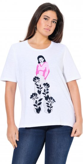 Ulla Popken Flocked Short Sleeve Graphic Tee Snow White - Koszulki z nadrukiem dla kobiet - 