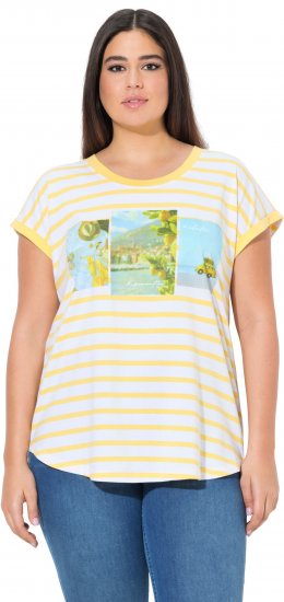 Ulla Popken Striped Short Sleeve Citrus Graphic Tee Sun Yellow - Koszulki z nadrukiem dla kobiet - 