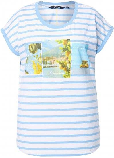 Ulla Popken Striped Short Sleeve Citrus Graphic Tee Light Blue - Koszulki z nadrukiem dla kobiet - 