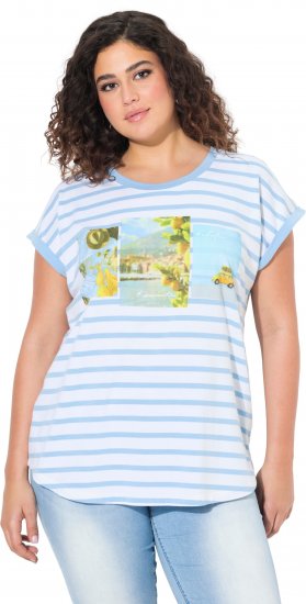 Ulla Popken Striped Short Sleeve Citrus Graphic Tee Light Blue - Koszulki z nadrukiem dla kobiet - 
