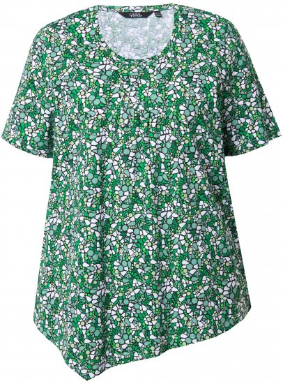 Ulla Popken Floral Pointed Hem Short Sleeve Tee Green - Koszulki z nadrukiem dla kobiet - 