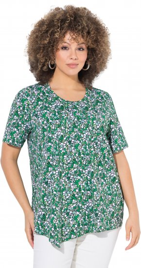 Ulla Popken Floral Pointed Hem Short Sleeve Tee Green - Koszulki z nadrukiem dla kobiet - 