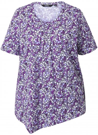 Ulla Popken Floral Pointed Hem Short Sleeve Tee Purple - Koszulki z nadrukiem dla kobiet - 