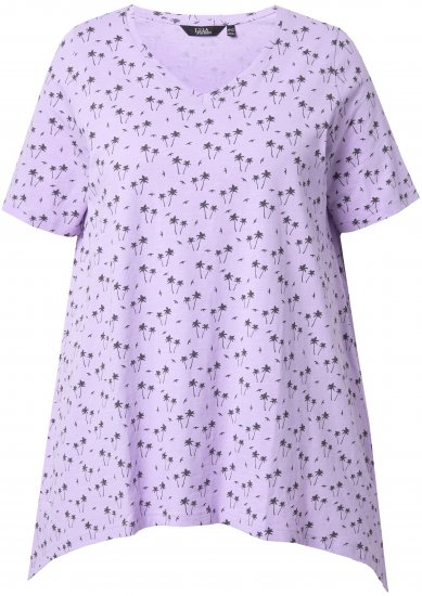 Ulla Popken Palm Tree Print Pointed Hem Tee Lavender - Koszulki z nadrukiem dla kobiet - 