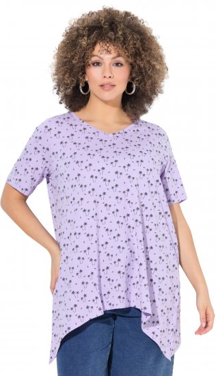 Ulla Popken Palm Tree Print Pointed Hem Tee Lavender - Koszulki z nadrukiem dla kobiet - 
