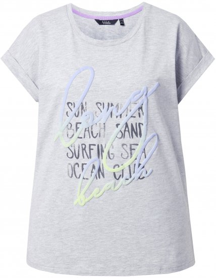 Ulla Popken Long Beach Lettering Cap Sleeve Tee Light Grey Melange - Koszulki z nadrukiem dla kobiet - 