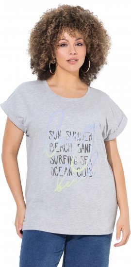Ulla Popken Long Beach Lettering Cap Sleeve Tee Light Grey Melange - Koszulki z nadrukiem dla kobiet - 