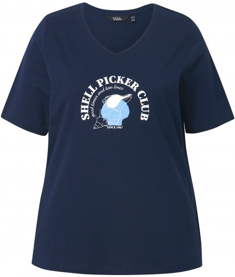 Ulla Popken Shell Picker Club Short Sleeve Graphic Tee Navy - Koszulki z nadrukiem dla kobiet - 