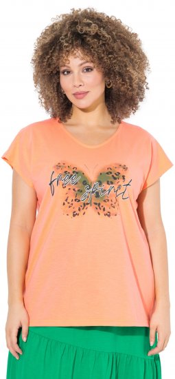 Ulla Popken Free Spirit Butterfly Cap Sleeve Graphic Tee Coral - Koszulki z nadrukiem dla kobiet - 