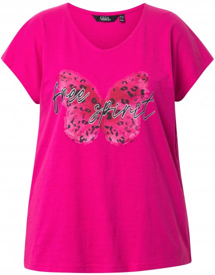Ulla Popken Free Spirit Butterfly Cap Sleeve Graphic Tee Magenta Pink - Koszulki z nadrukiem dla kobiet - 