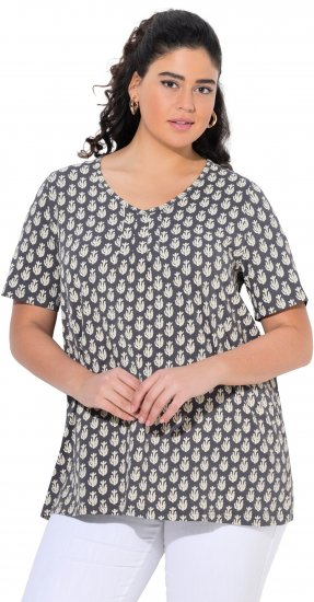 Ulla Popken Cactus Print Short Sleeve V-Neck Tee Graphite Grey - Koszulki z nadrukiem dla kobiet - 