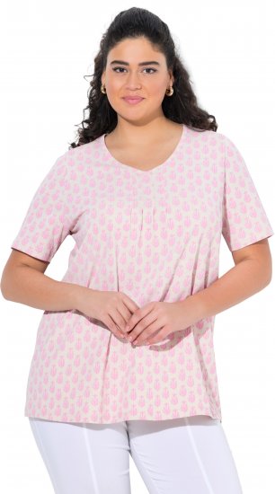 Ulla Popken Cactus Print Short Sleeve V-Neck Tee Pink - Koszulki z nadrukiem dla kobiet - 