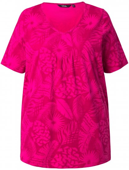 Ulla Popken Feather Print Short Sleeve V-Neck Tee Berry - Koszulki z nadrukiem dla kobiet - 