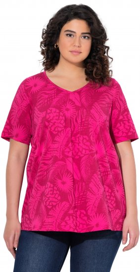 Ulla Popken Feather Print Short Sleeve V-Neck Tee Berry - Koszulki z nadrukiem dla kobiet - 