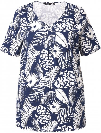 Ulla Popken Feather Print Short Sleeve V-Neck Tee Ink Blue - Koszulki z nadrukiem dla kobiet - 