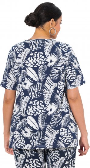 Ulla Popken Feather Print Short Sleeve V-Neck Tee Ink Blue - Koszulki z nadrukiem dla kobiet - 