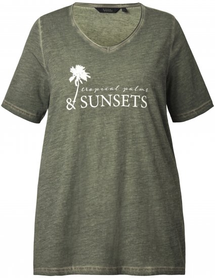 Ulla Popken Sunset Lettering Short Sleeve Graphic Tee Olive - Koszulki z nadrukiem dla kobiet - 