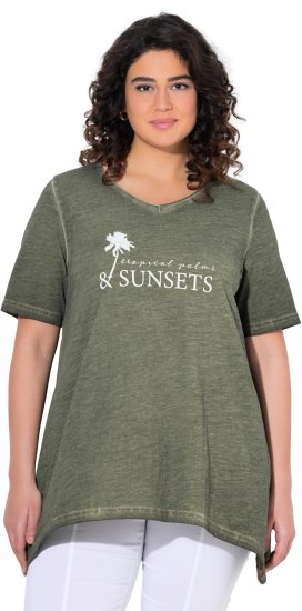 Ulla Popken Sunset Lettering Short Sleeve Graphic Tee Olive - Koszulki z nadrukiem dla kobiet - 